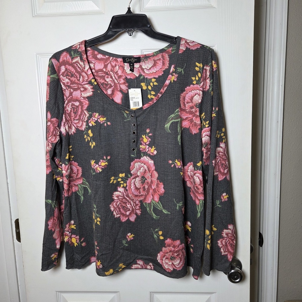 Jessica Simpson sz 3X gray pink floral long slv t-shirt top NWT casual fall boho